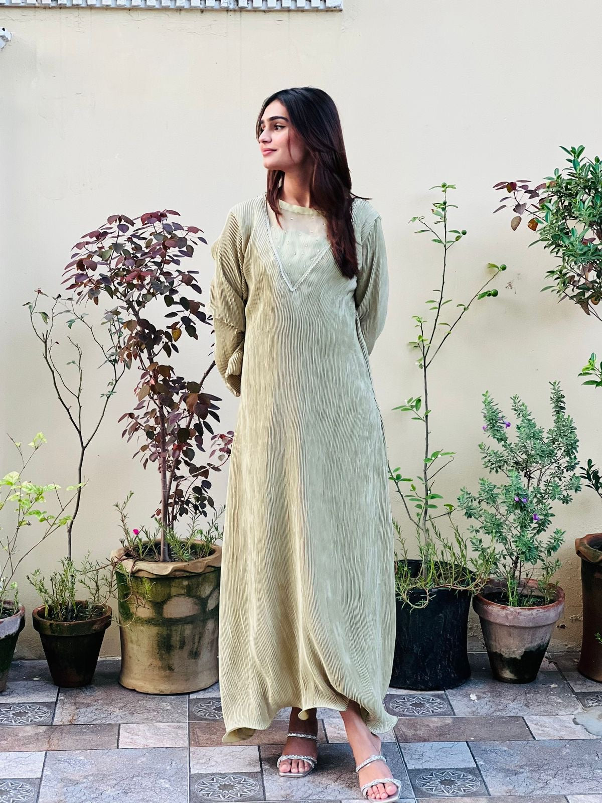 Olive Silk Pleated Frock