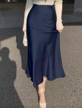 High Waist Silk Navy Skirt