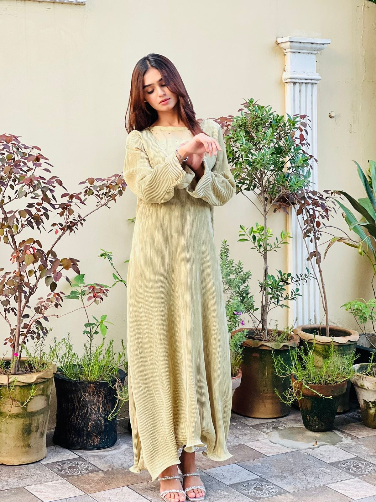 Olive Silk Pleated Frock