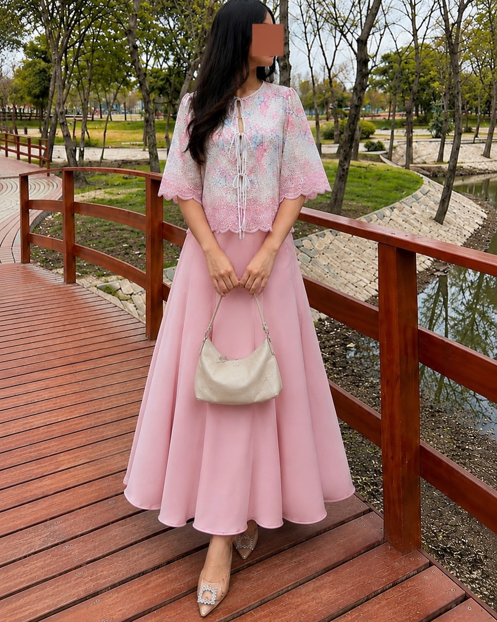 Chikankari Bow Top & Skirt Set