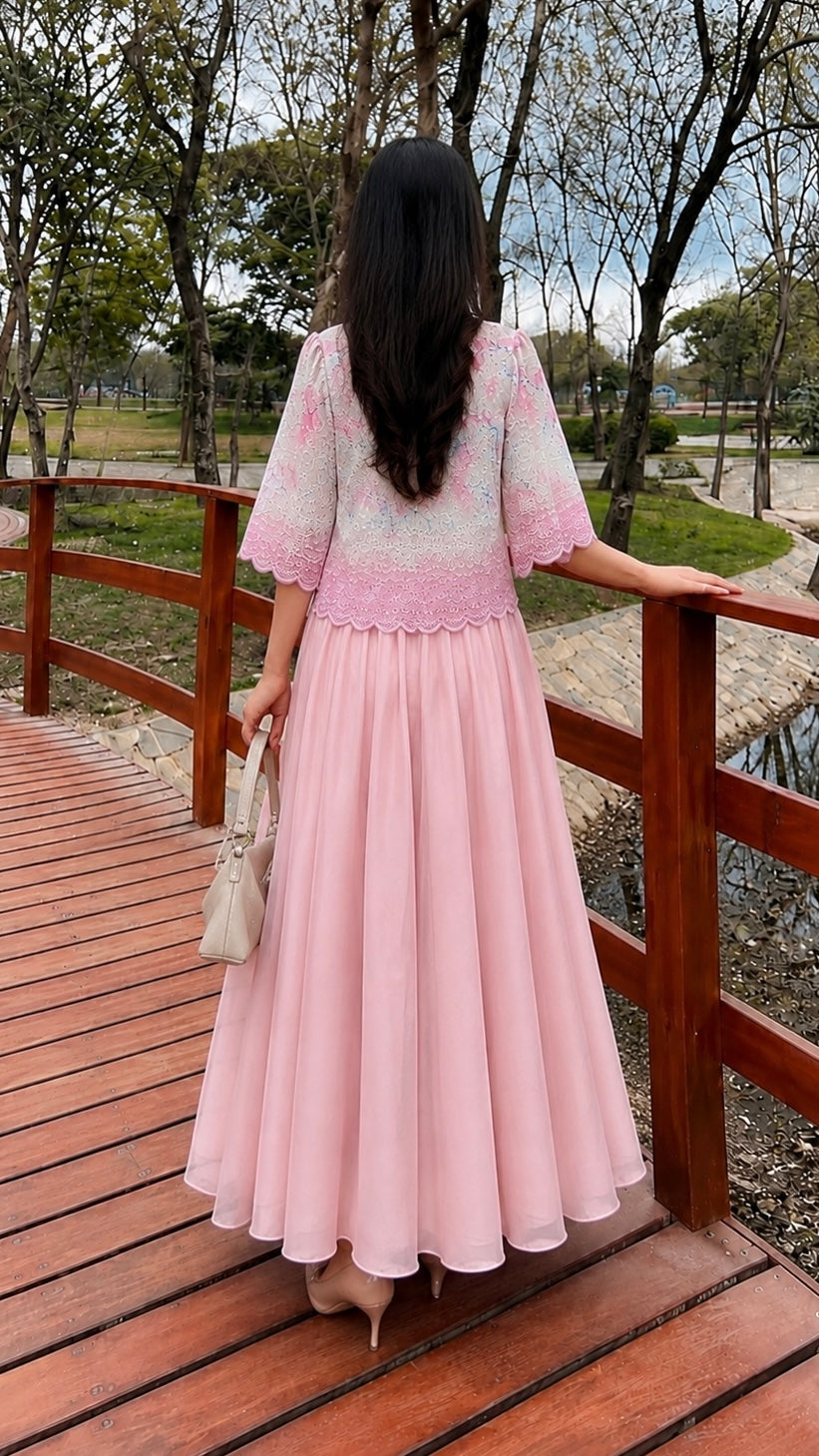 Chikankari Bow Top & Skirt Set