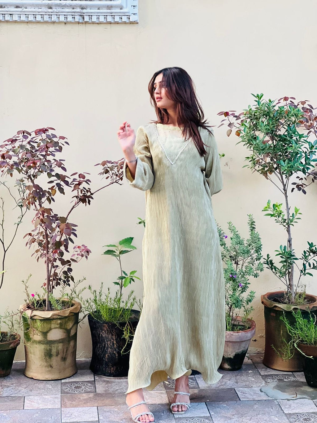 Olive Silk Pleated Frock