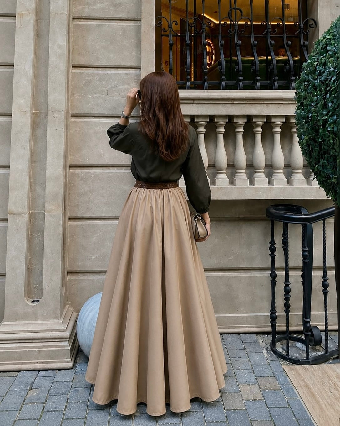 Olive Top & Beige Maxi Skirt