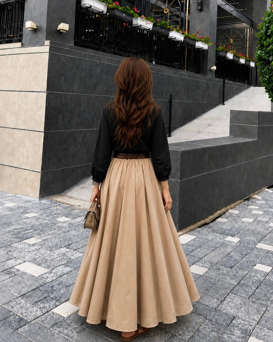 Black Button Down Shirt & Beige Skirt