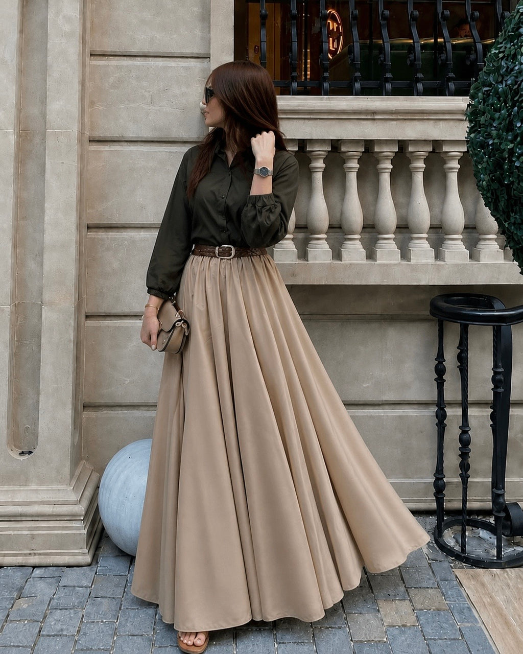 Olive Top & Beige Maxi Skirt