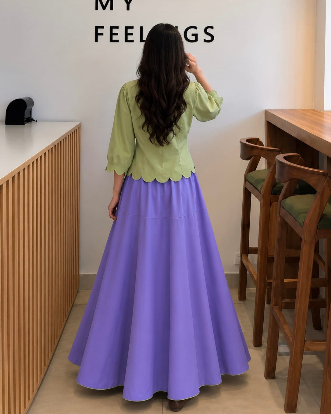 Sage Green shirt & lavender skirt