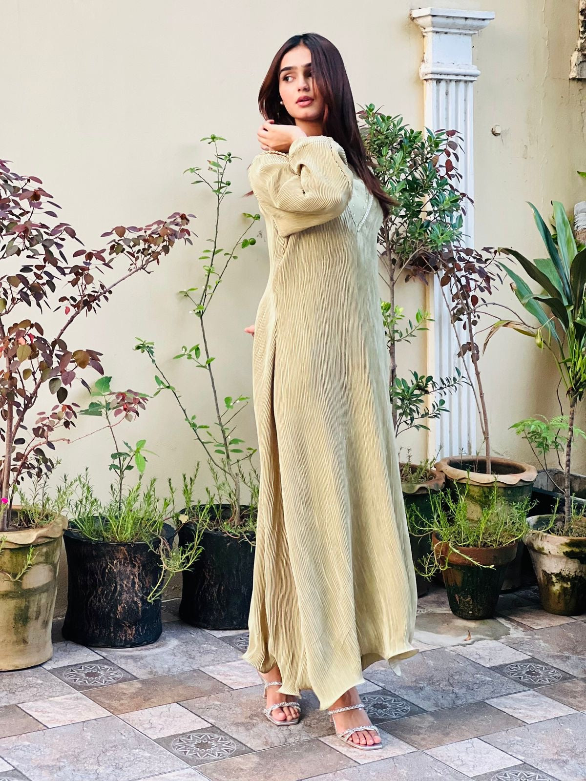 Olive Silk Pleated Frock