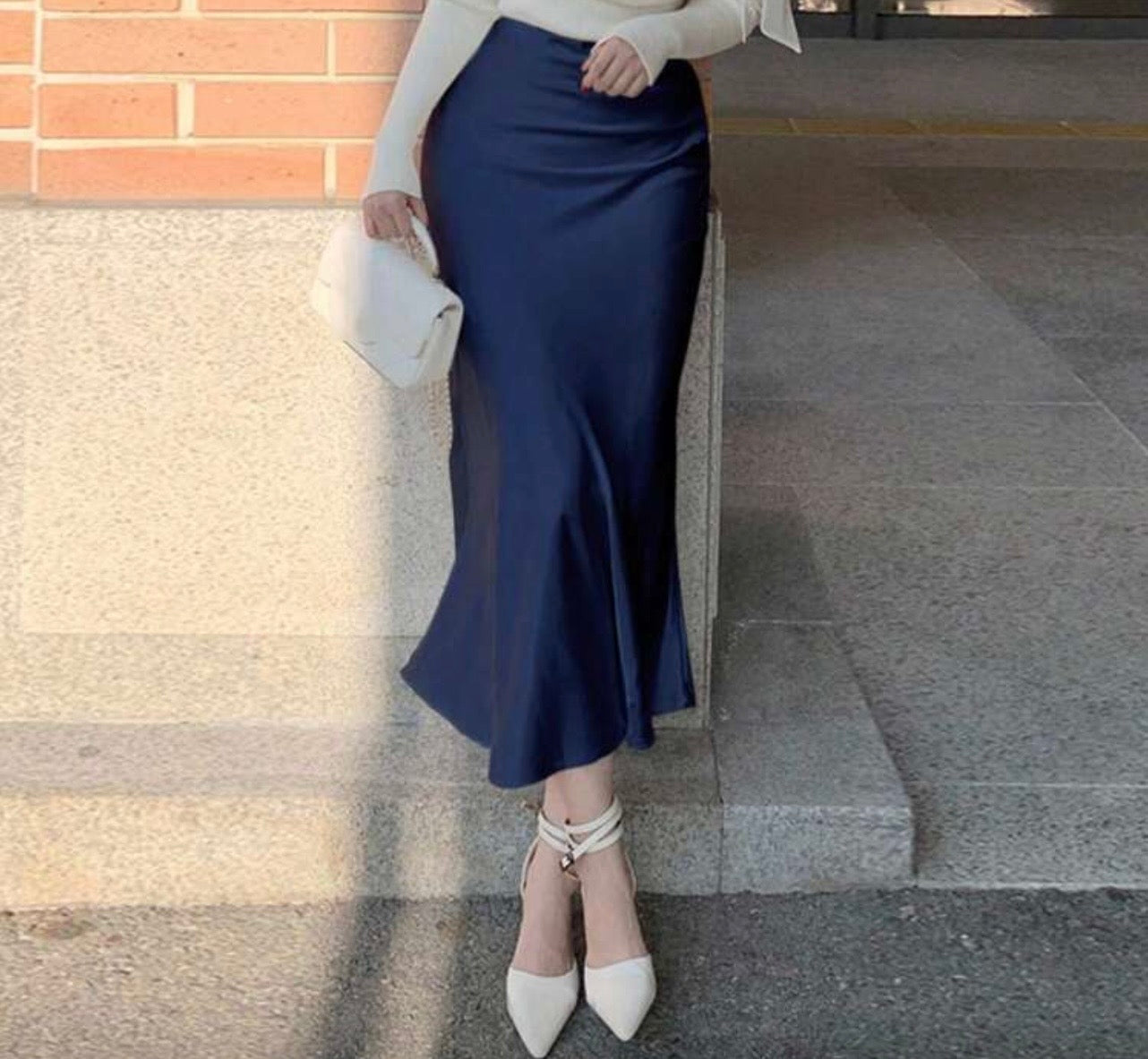 High Waist Silk Navy Skirt