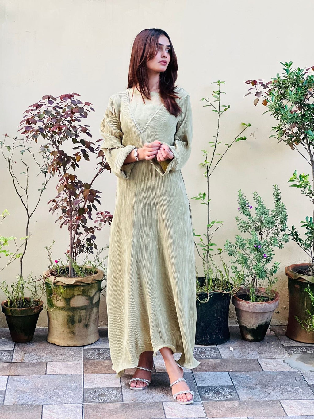 Olive Silk Pleated Frock