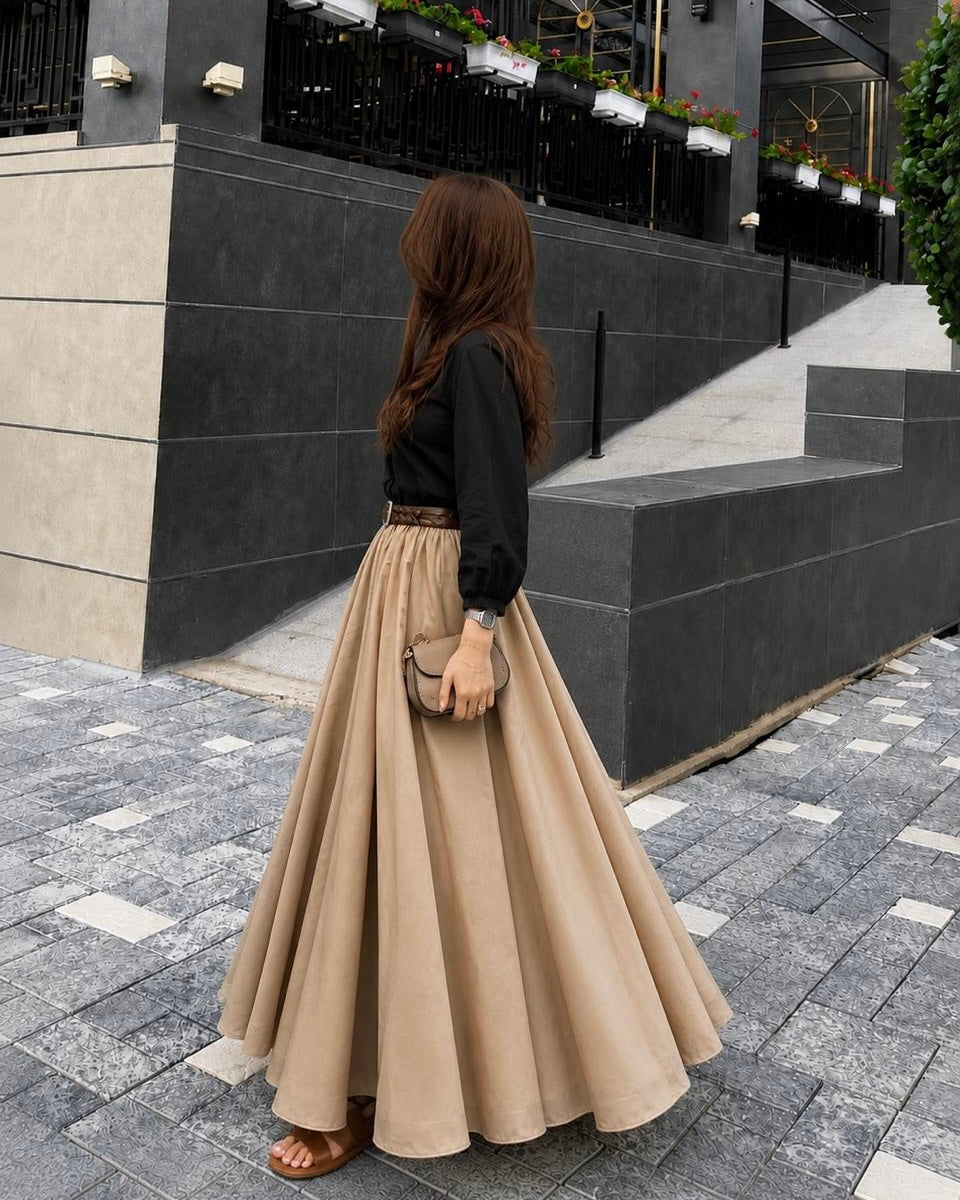 Black Button Down Shirt & Beige Skirt
