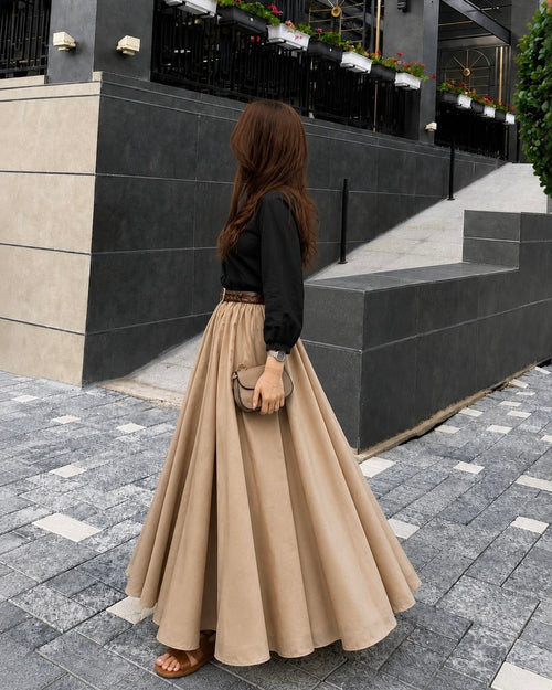 Black Button Down Shirt & Beige Skirt