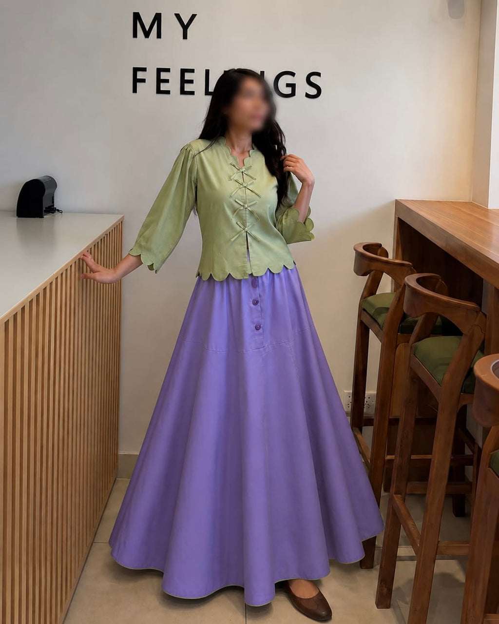Sage Green shirt & lavender skirt