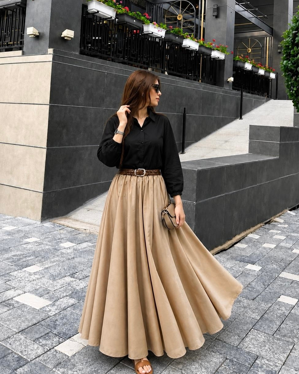 Black Button Down Shirt & Beige Skirt