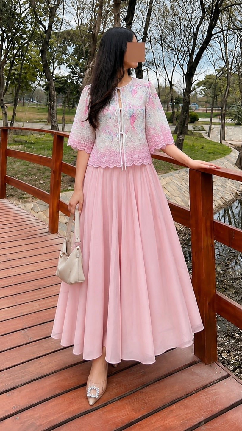 Chikankari Bow Top & Skirt Set