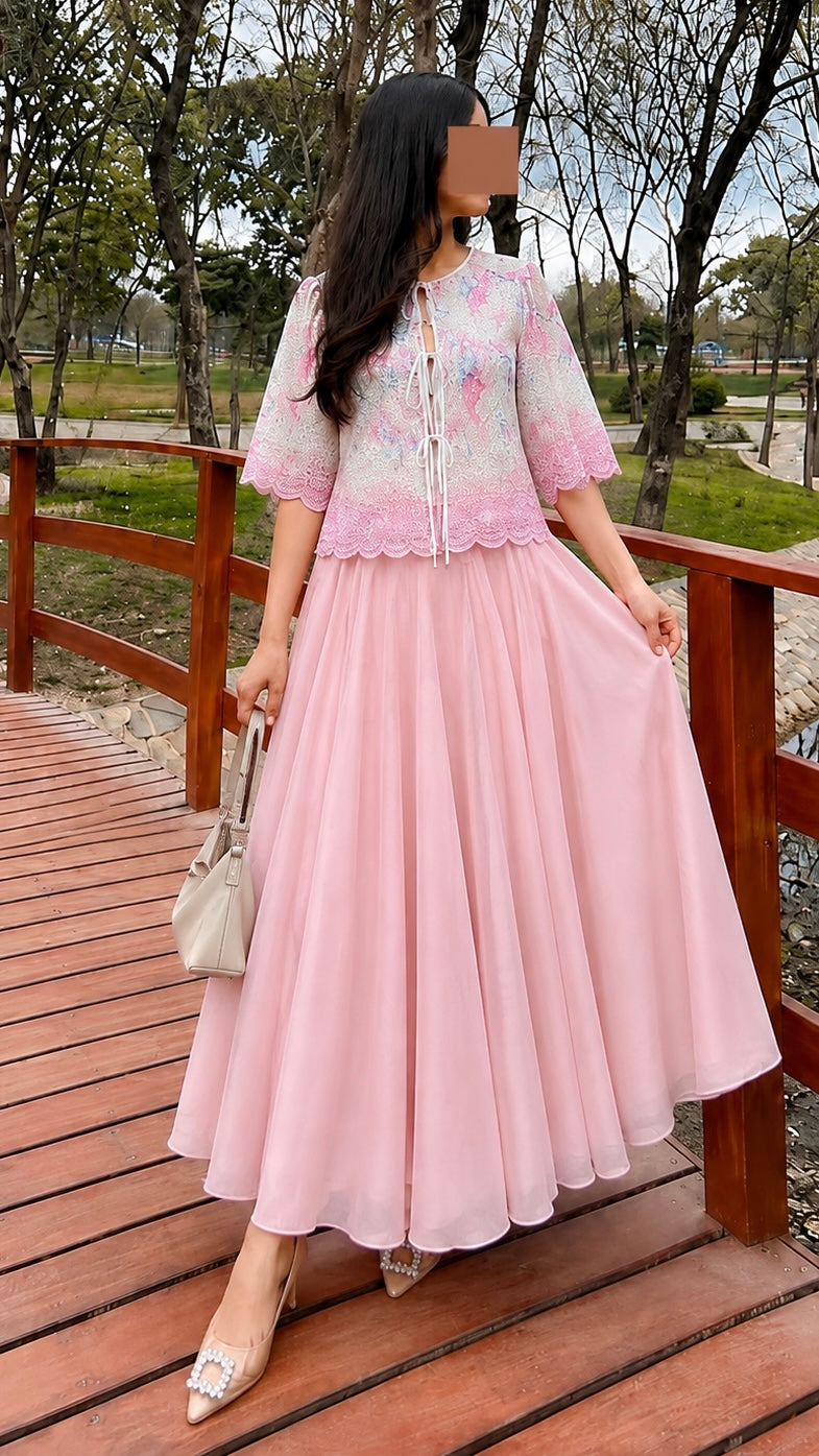 Chikankari Bow Top & Skirt Set