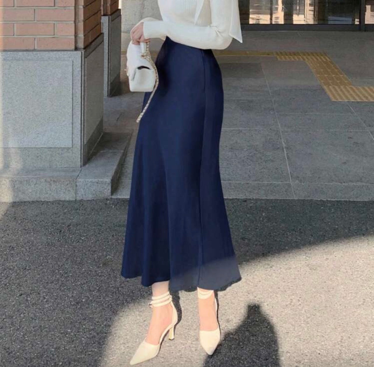 High Waist Silk Navy Skirt