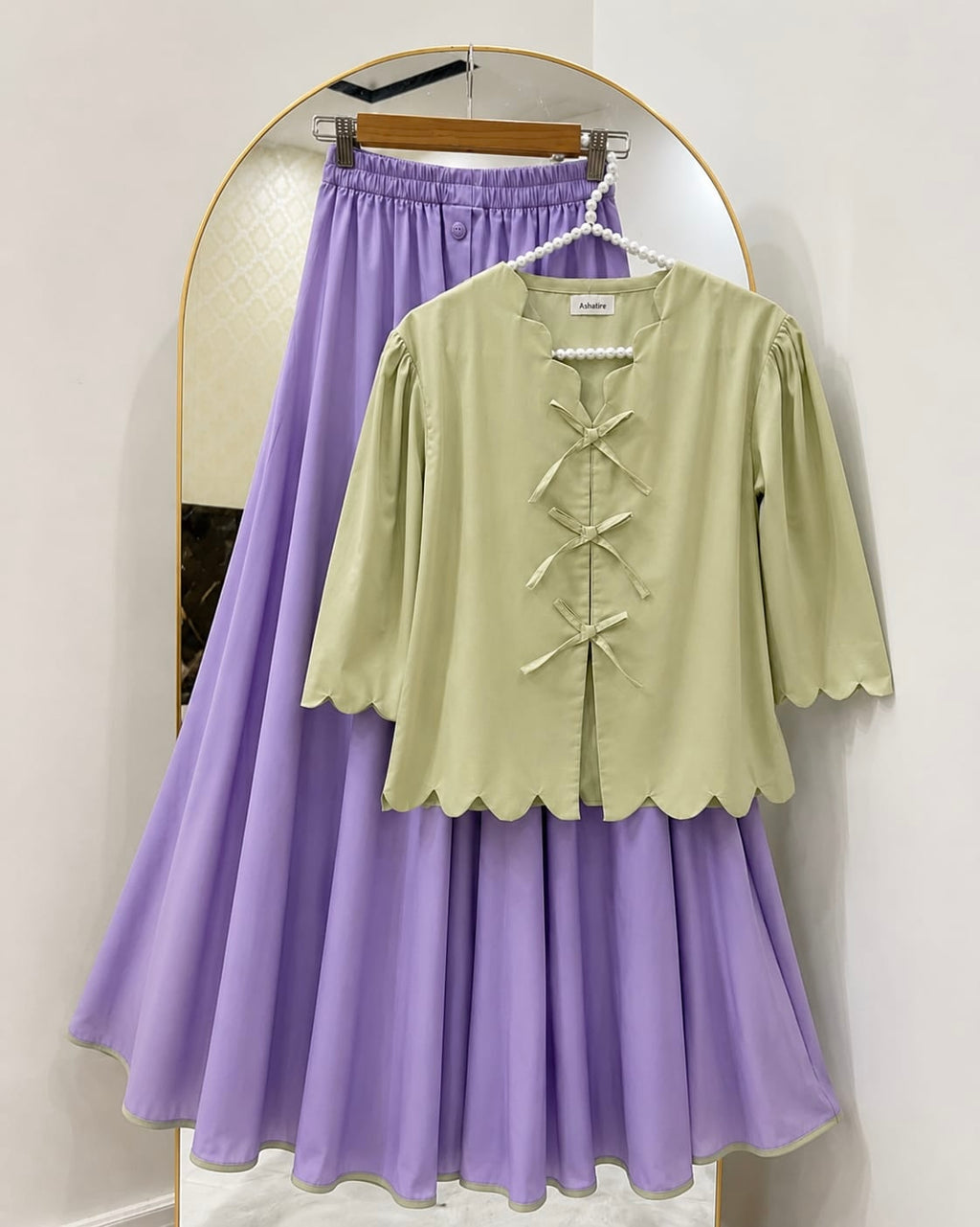 Sage Green shirt & lavender skirt