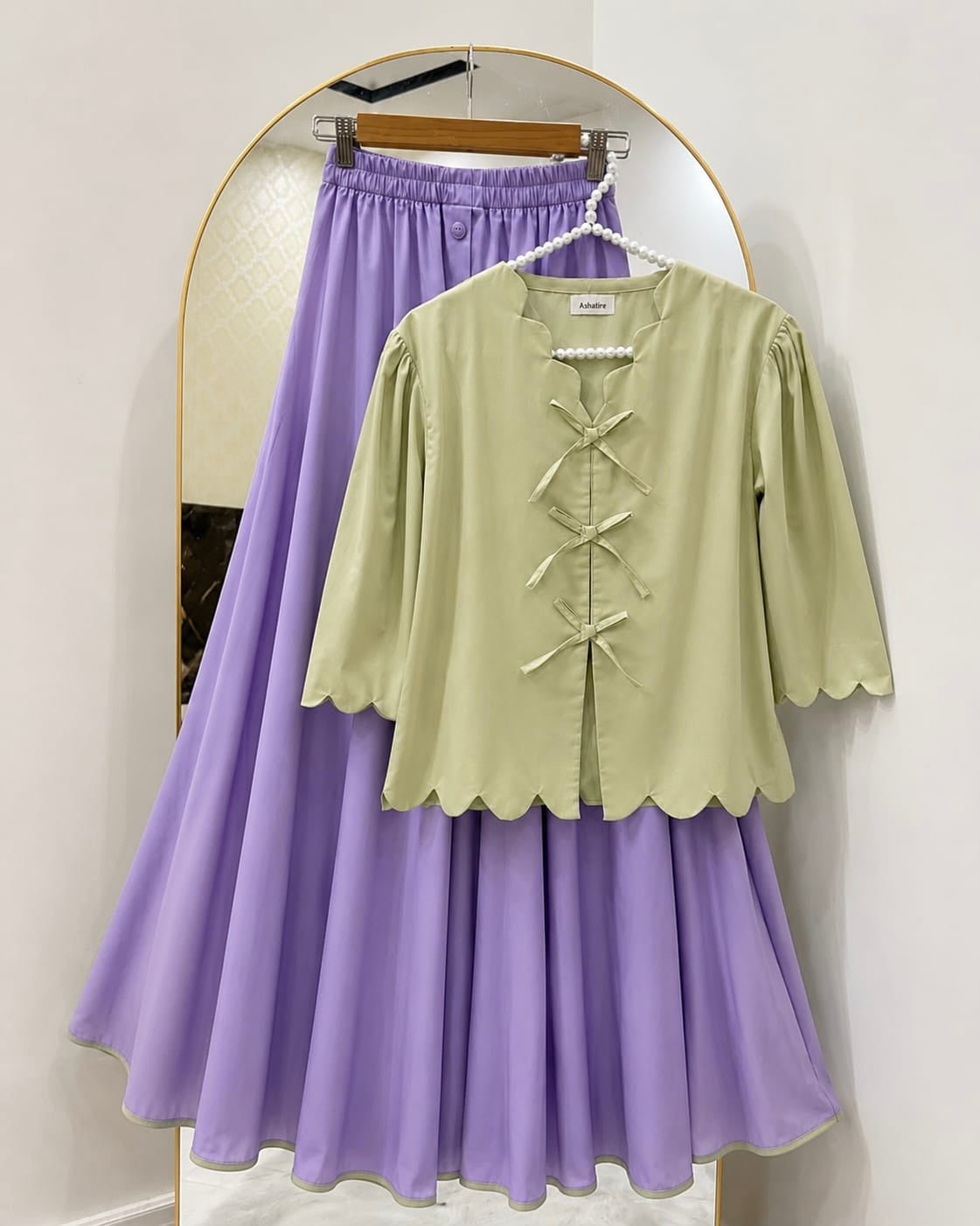 Sage Green shirt & lavender skirt