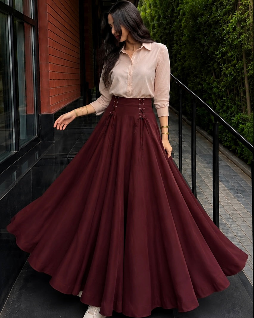 Button Down shirt & laceup waist band skirt