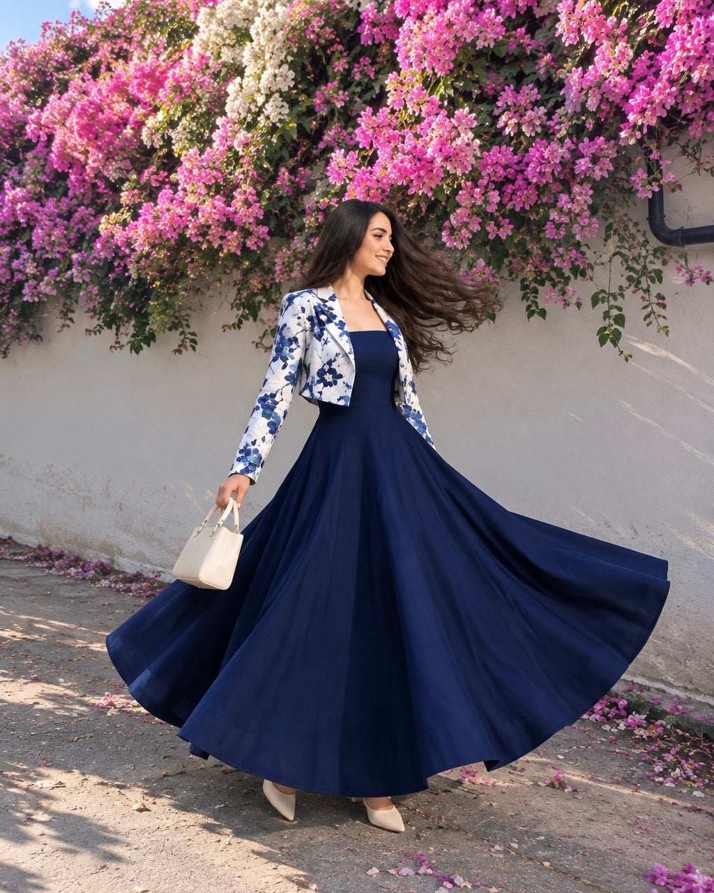 Navy Bloom Floral Jacket & Flared Maxi Set