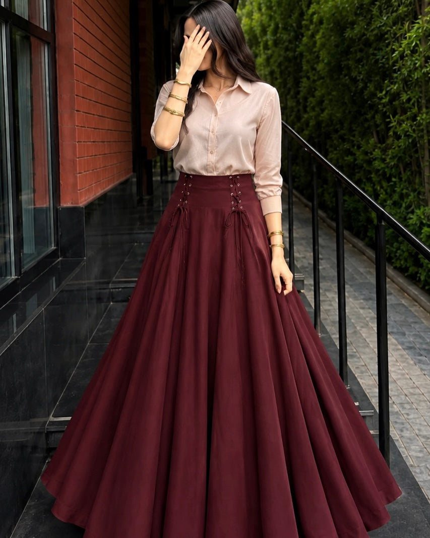 Button Down shirt & laceup waist band skirt