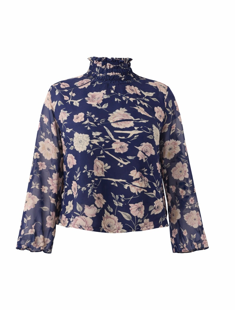 Navy Floral High-Neck Top