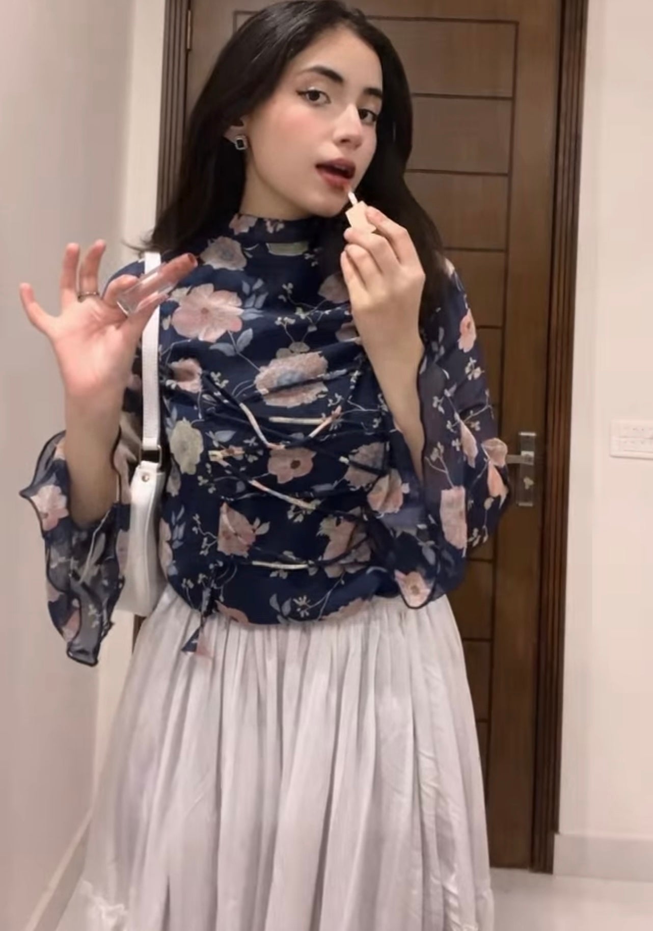 Navy Floral High-Neck Top